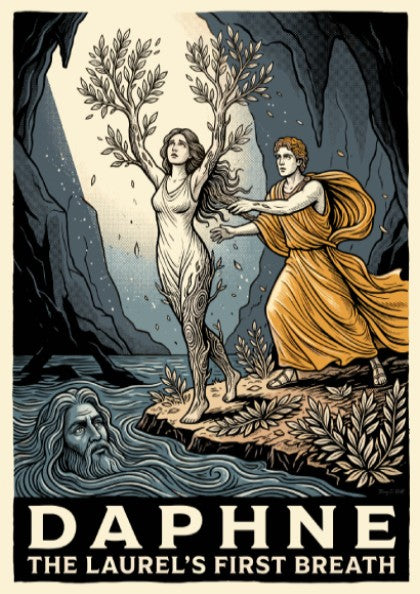 Poster of Daphne transforming into a laurel tree with golden hues and river god.