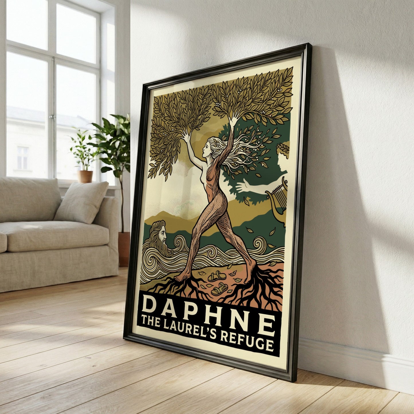 Daphne Greek mythology poster in linocut style, featuring the nymph transforming into a laurel tree.