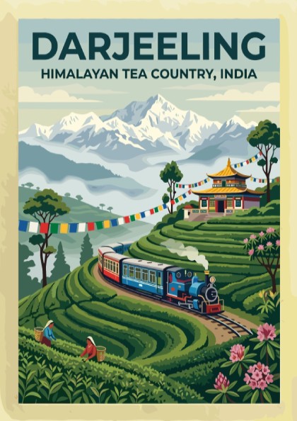 Travel poster of Darjeeling Himalayan Tea Country with a steam train and mountains.