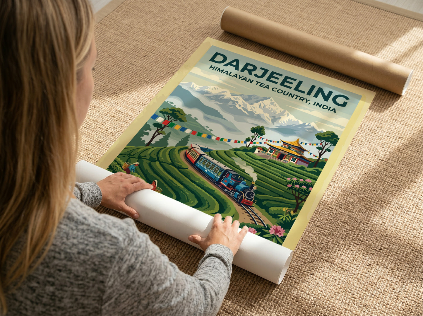 Travel poster of Darjeeling Himalayan Tea Country with a steam train and mountains.