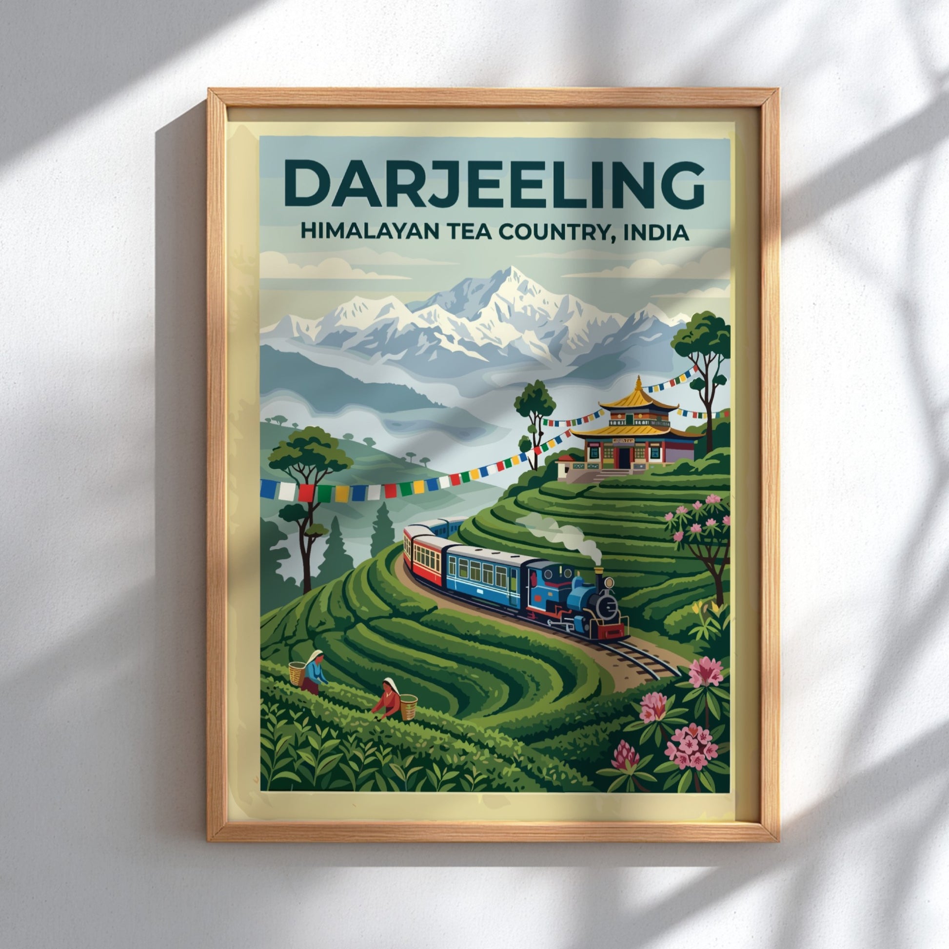 Travel poster of Darjeeling Himalayan Tea Country with a steam train and mountains.