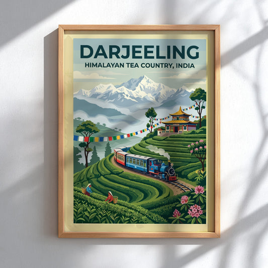 Travel poster of Darjeeling Himalayan Tea Country with a steam train and mountains.