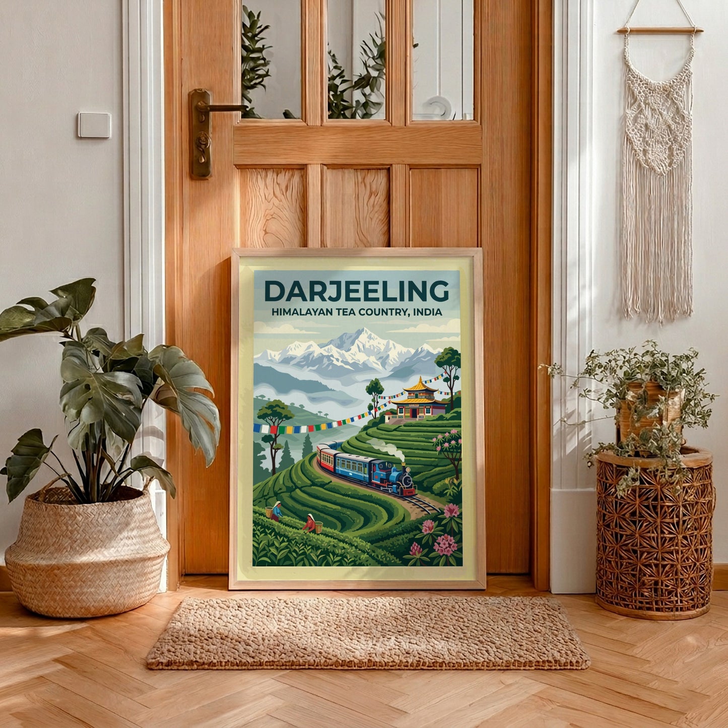 Travel poster of Darjeeling Himalayan Tea Country with a steam train and mountains.