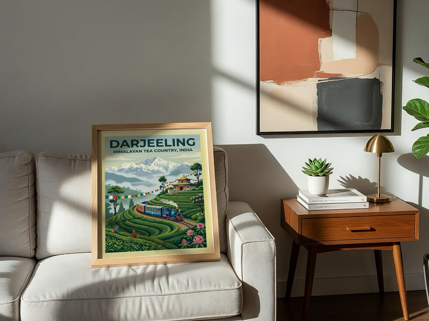 Travel poster of Darjeeling Himalayan Tea Country with a steam train and mountains.