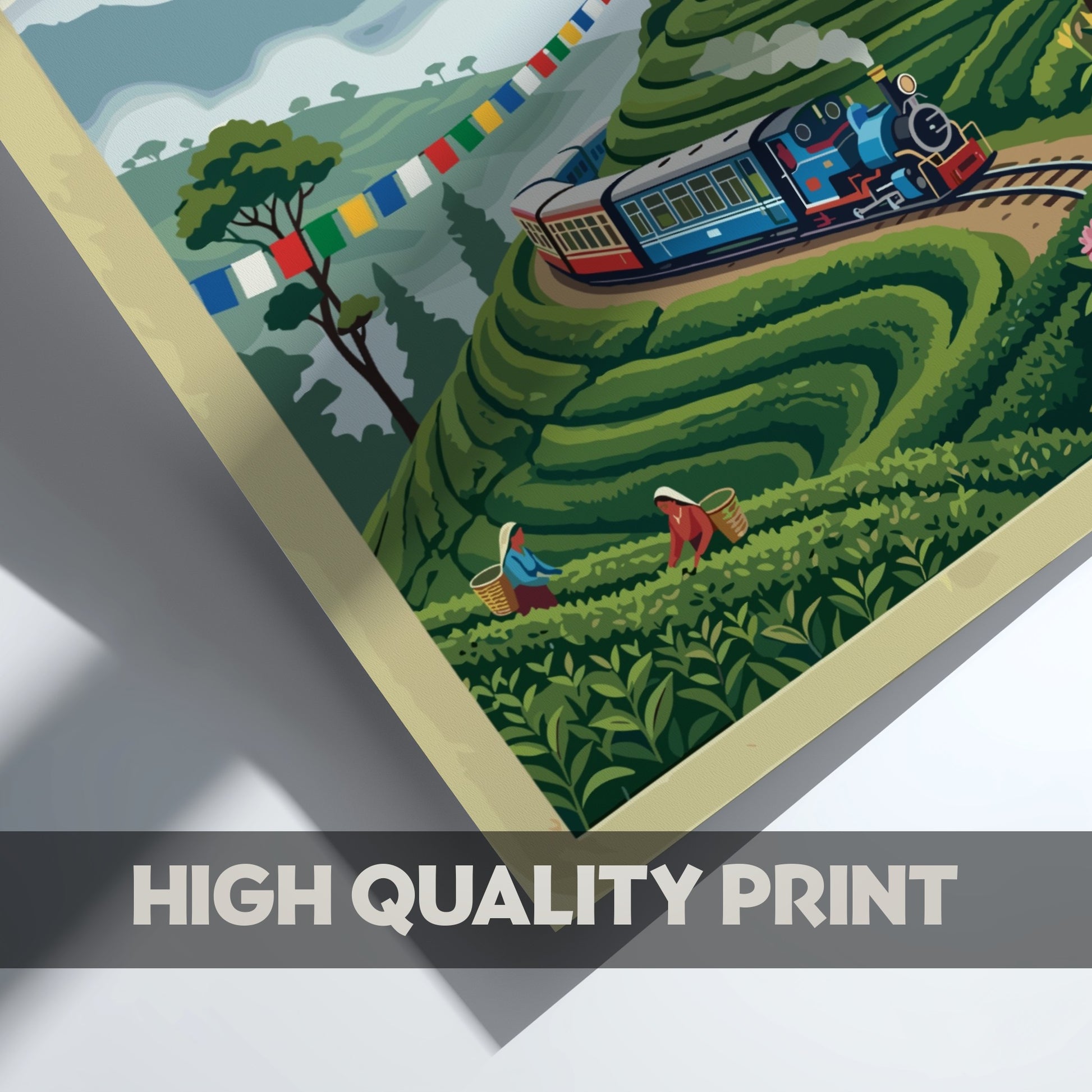 Travel poster of Darjeeling Himalayan Tea Country with a steam train and mountains.