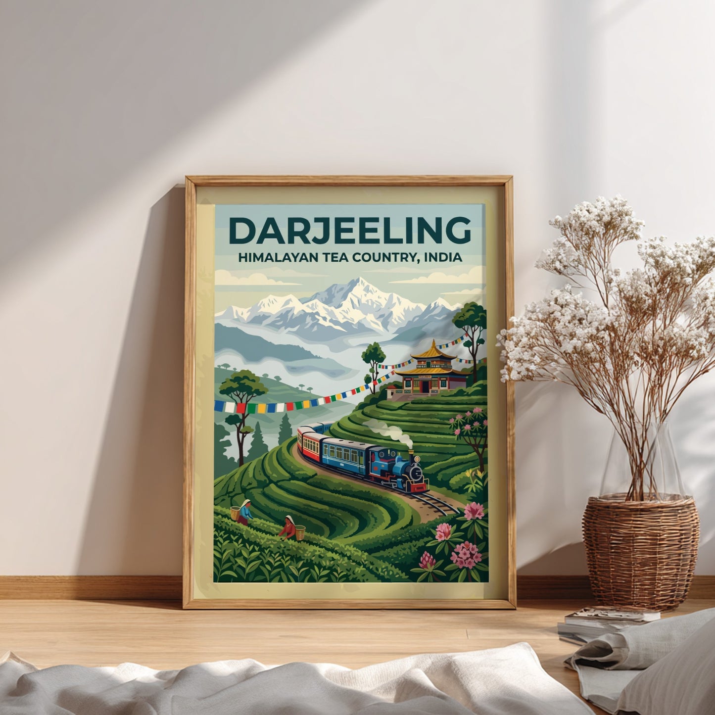 Travel poster of Darjeeling Himalayan Tea Country with a steam train and mountains.