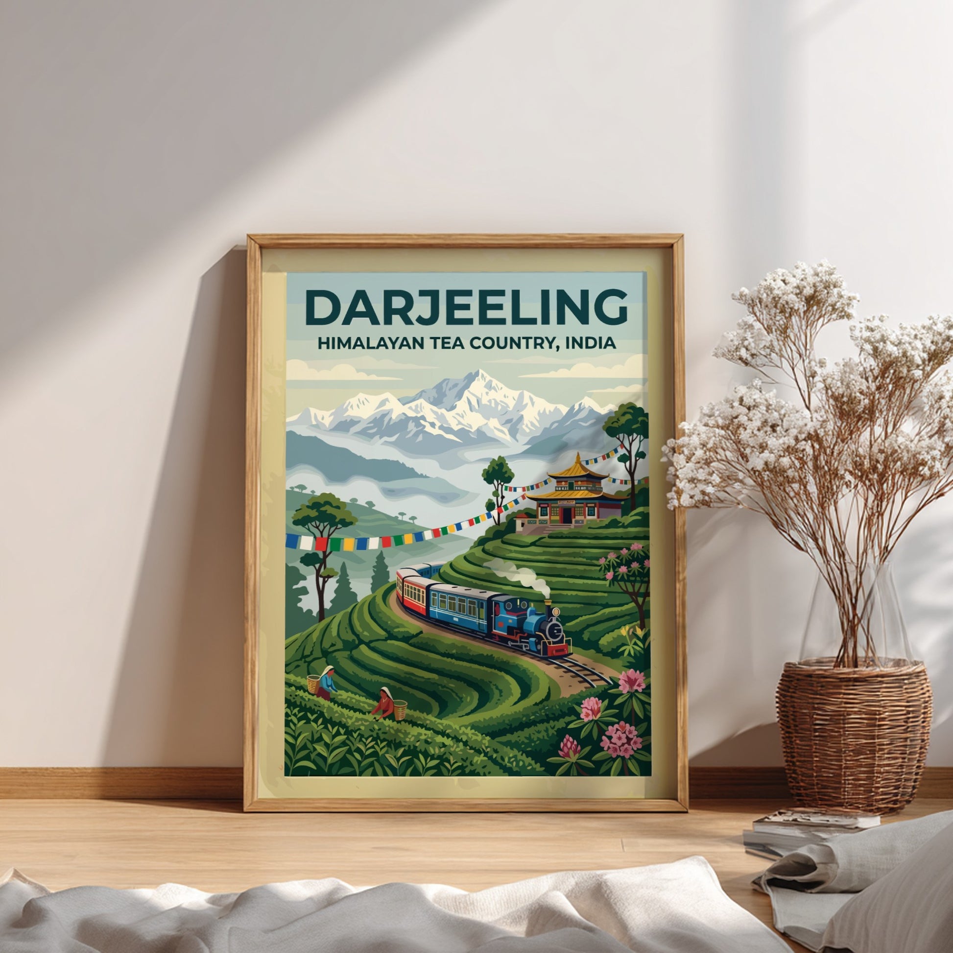Travel poster of Darjeeling Himalayan Tea Country with a steam train and mountains.