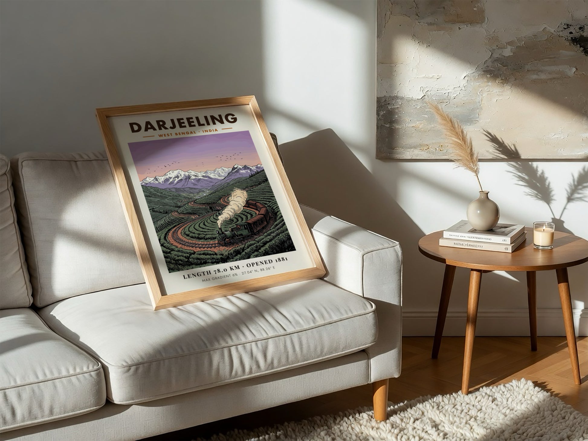 Poster showing a vintage steam train winding through green tea fields in Darjeeling India