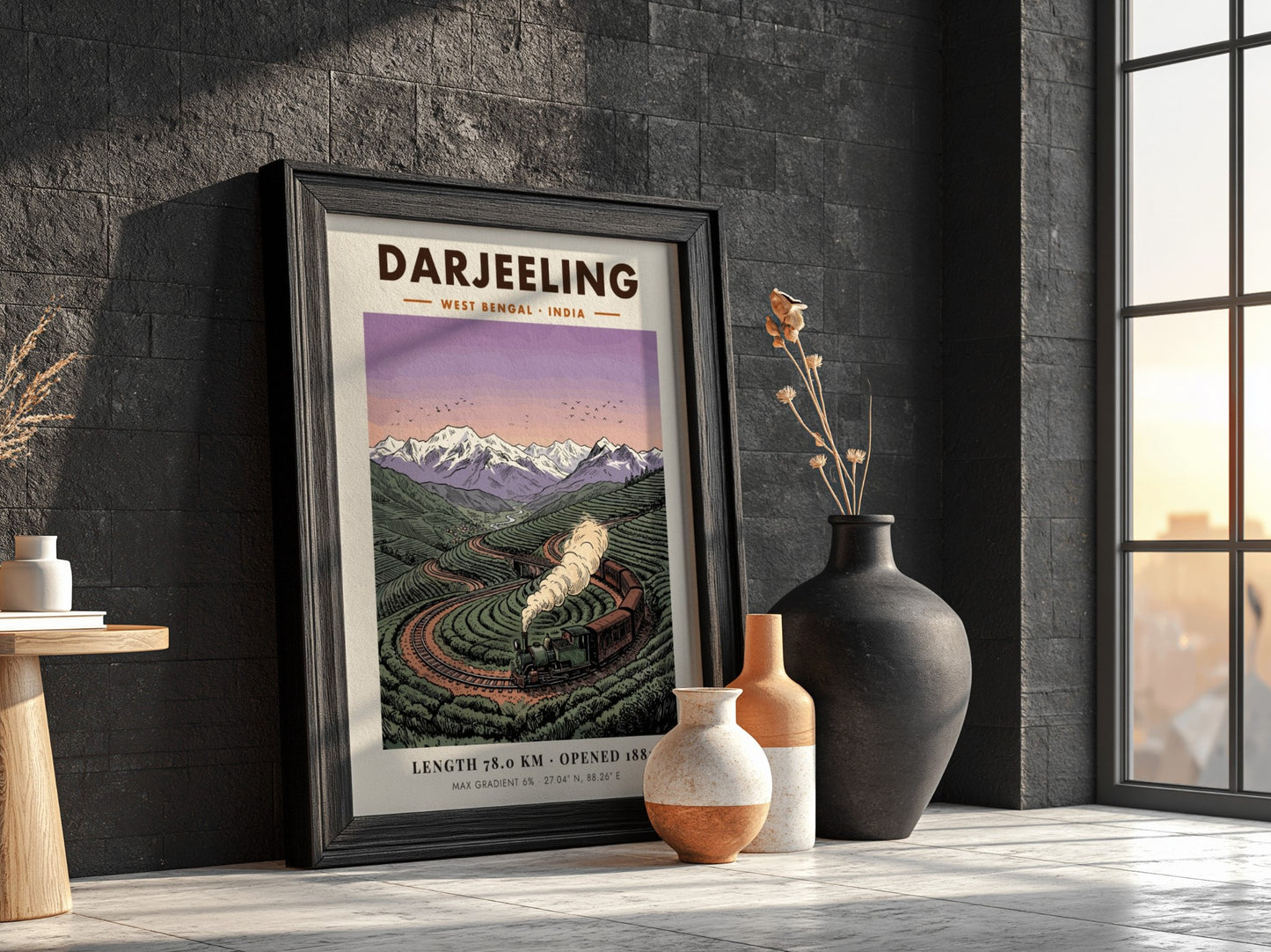 Poster showing a vintage steam train winding through green tea fields in Darjeeling India