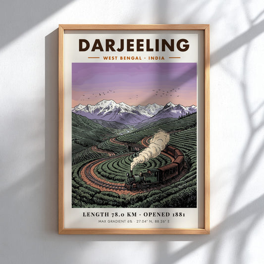 Poster showing a vintage steam train winding through green tea fields in Darjeeling India