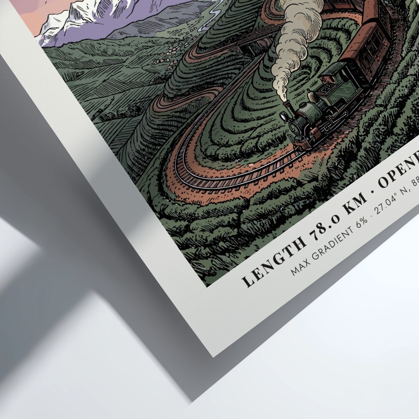 Poster showing a vintage steam train winding through green tea fields in Darjeeling India