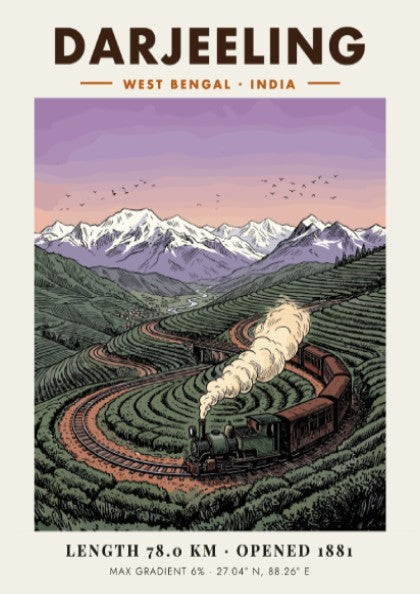 Poster showing a vintage steam train winding through green tea fields in Darjeeling India