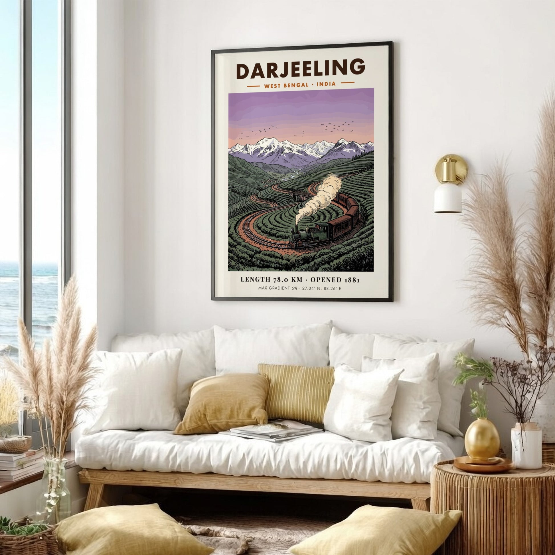 Poster showing a vintage steam train winding through green tea fields in Darjeeling India