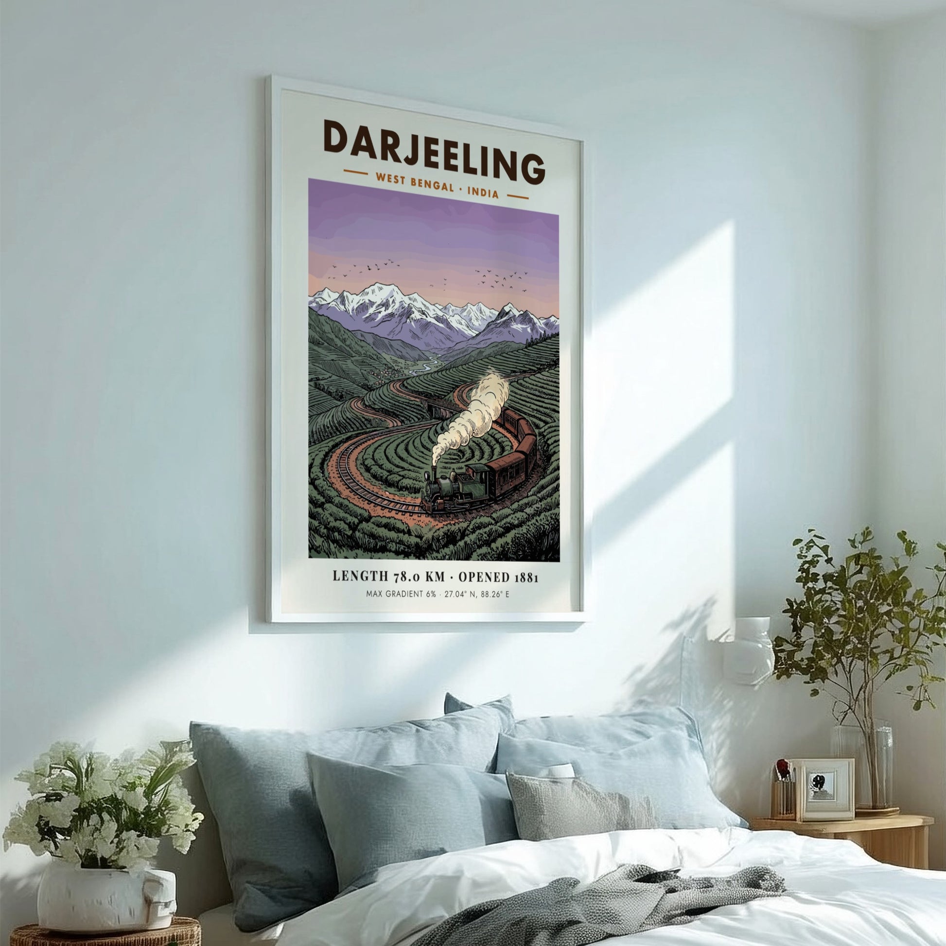 Poster showing a vintage steam train winding through green tea fields in Darjeeling India