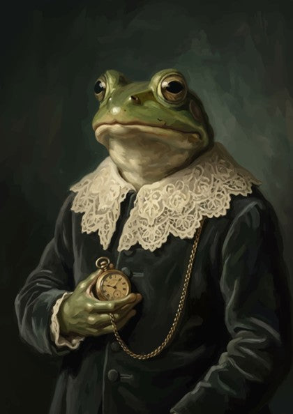 Poster featuring a dapper frog in a formal suit and lace collar holding watch.