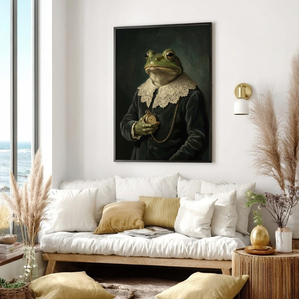 Poster featuring a dapper frog in a formal suit and lace collar holding watch.