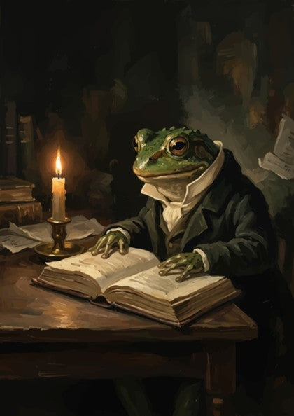 Poster featuring a scholarly frog in a dark coat reading by candlelight indoors
