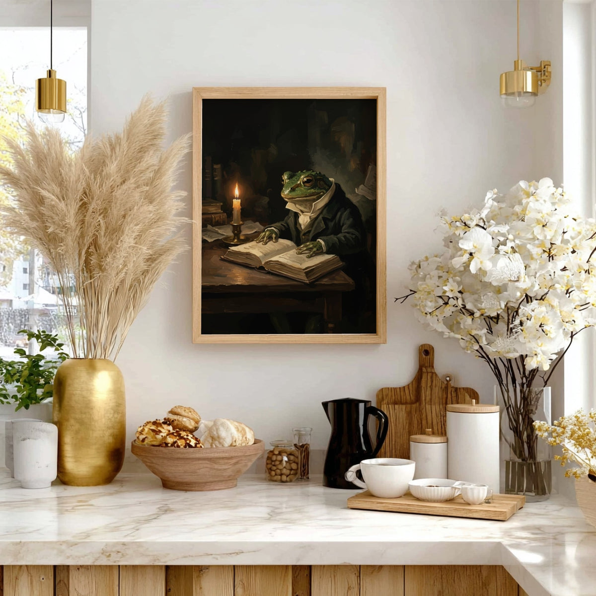 Poster featuring a scholarly frog in a dark coat reading by candlelight indoors