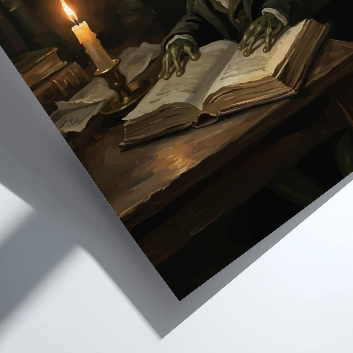 Poster featuring a scholarly frog in a dark coat reading by candlelight indoors