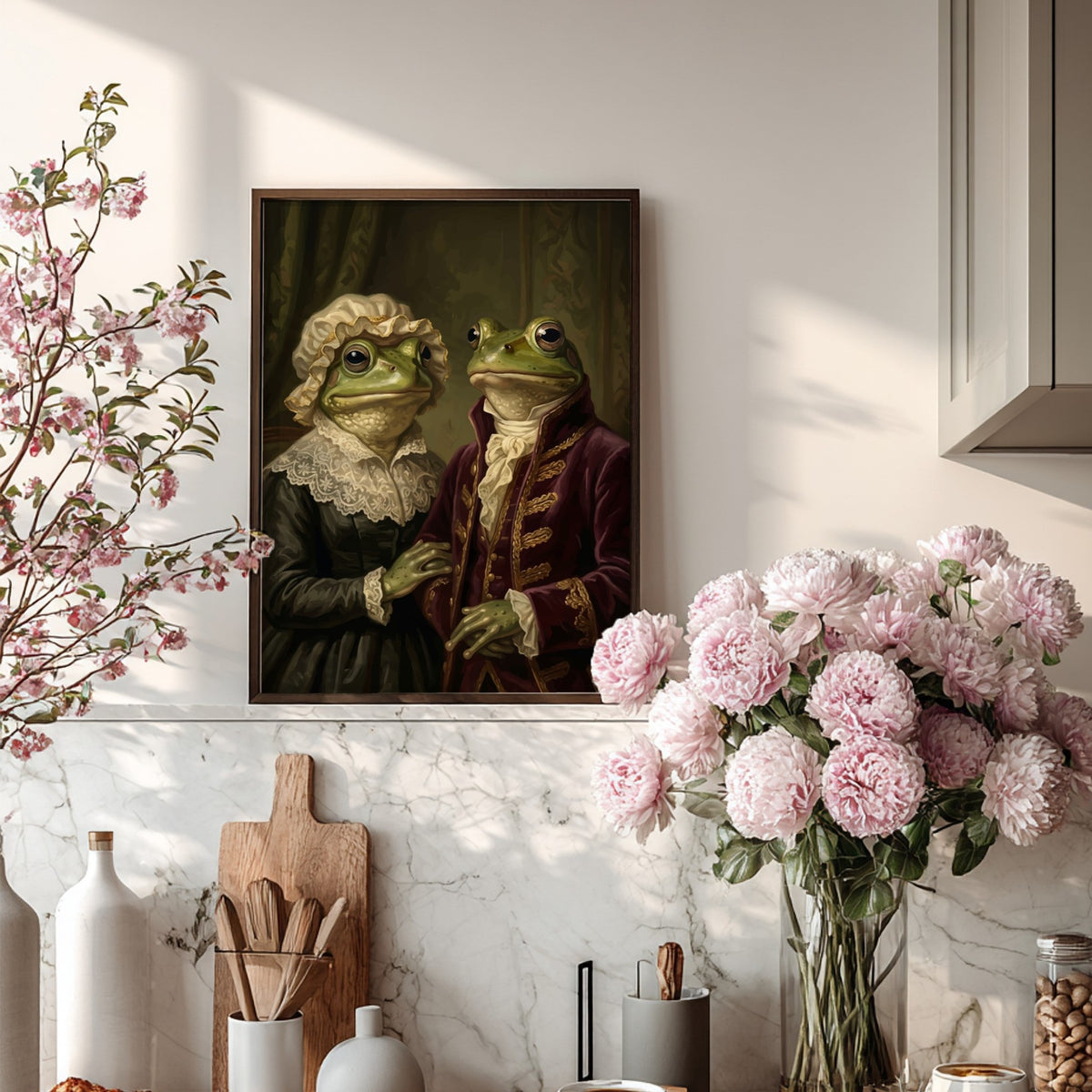 Poster featuring a Victorian frog couple in formal attire with dark academia aesthetic