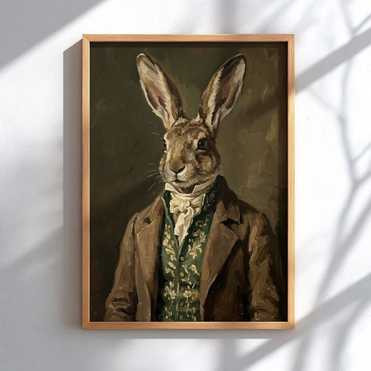 Poster featuring a distinguished rabbit dressed in a Victorian waistcoat and brown frock coat.