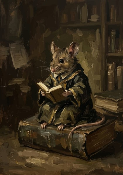 Poster featuring a scholarly mouse reading a book while sitting on a large tome