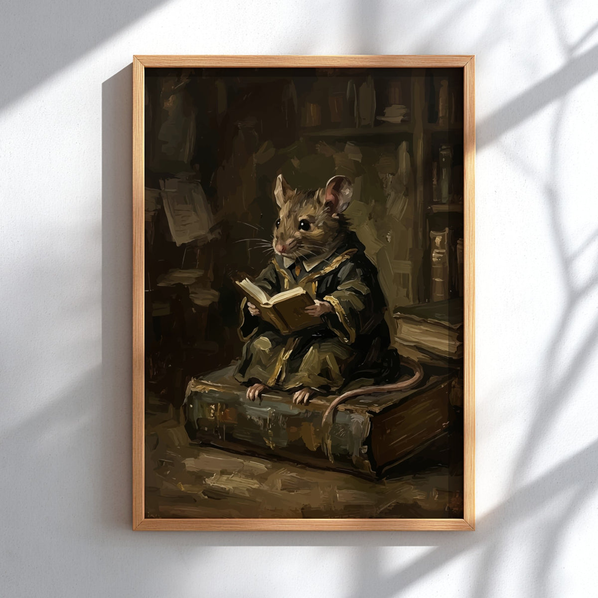 Poster featuring a scholarly mouse reading a book while sitting on a large tome