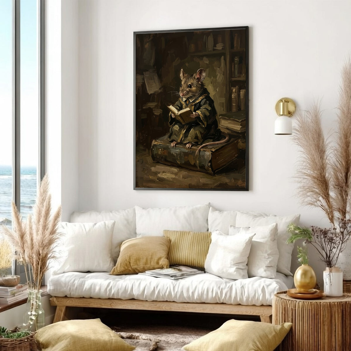 Poster featuring a scholarly mouse reading a book while sitting on a large tome