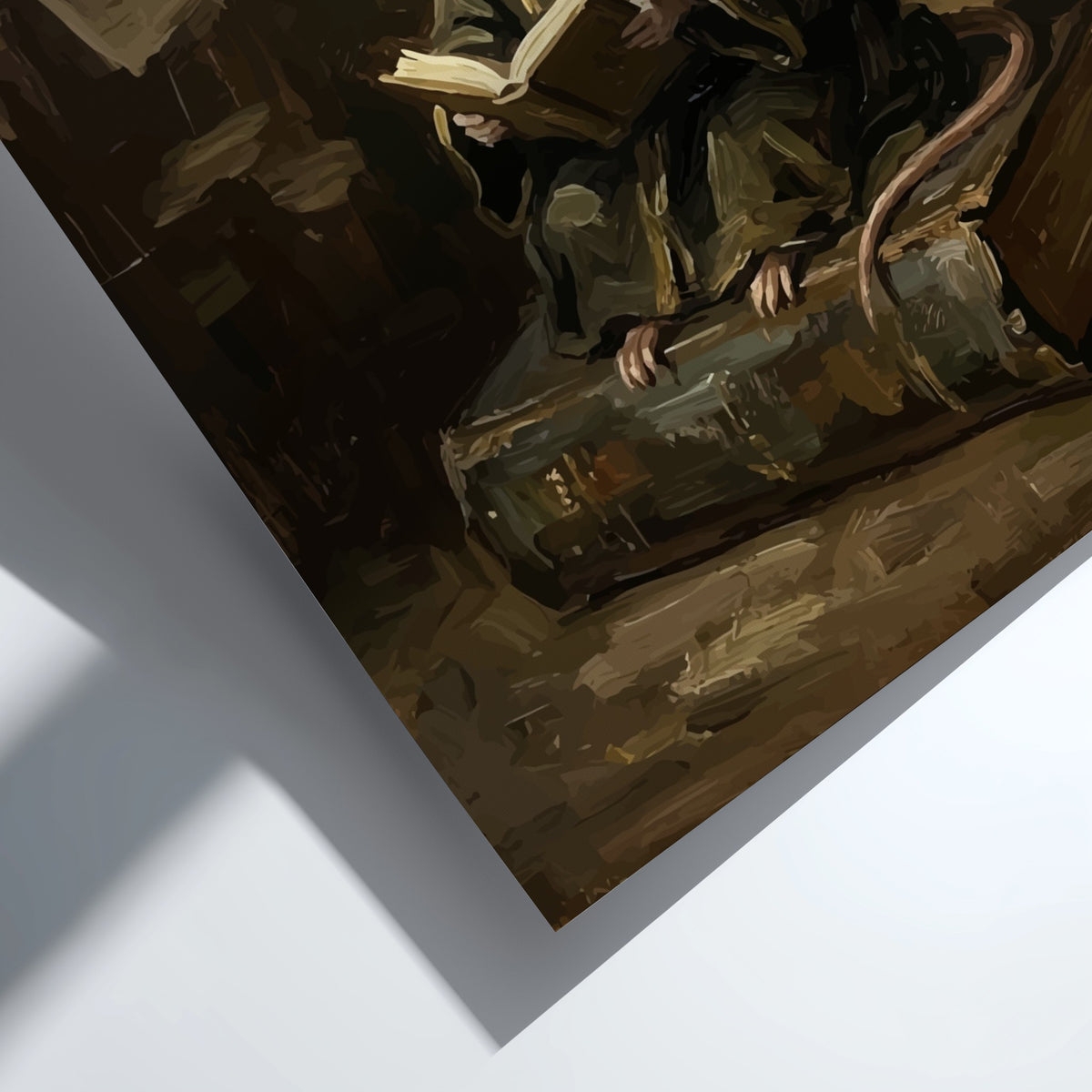Poster featuring a scholarly mouse reading a book while sitting on a large tome
