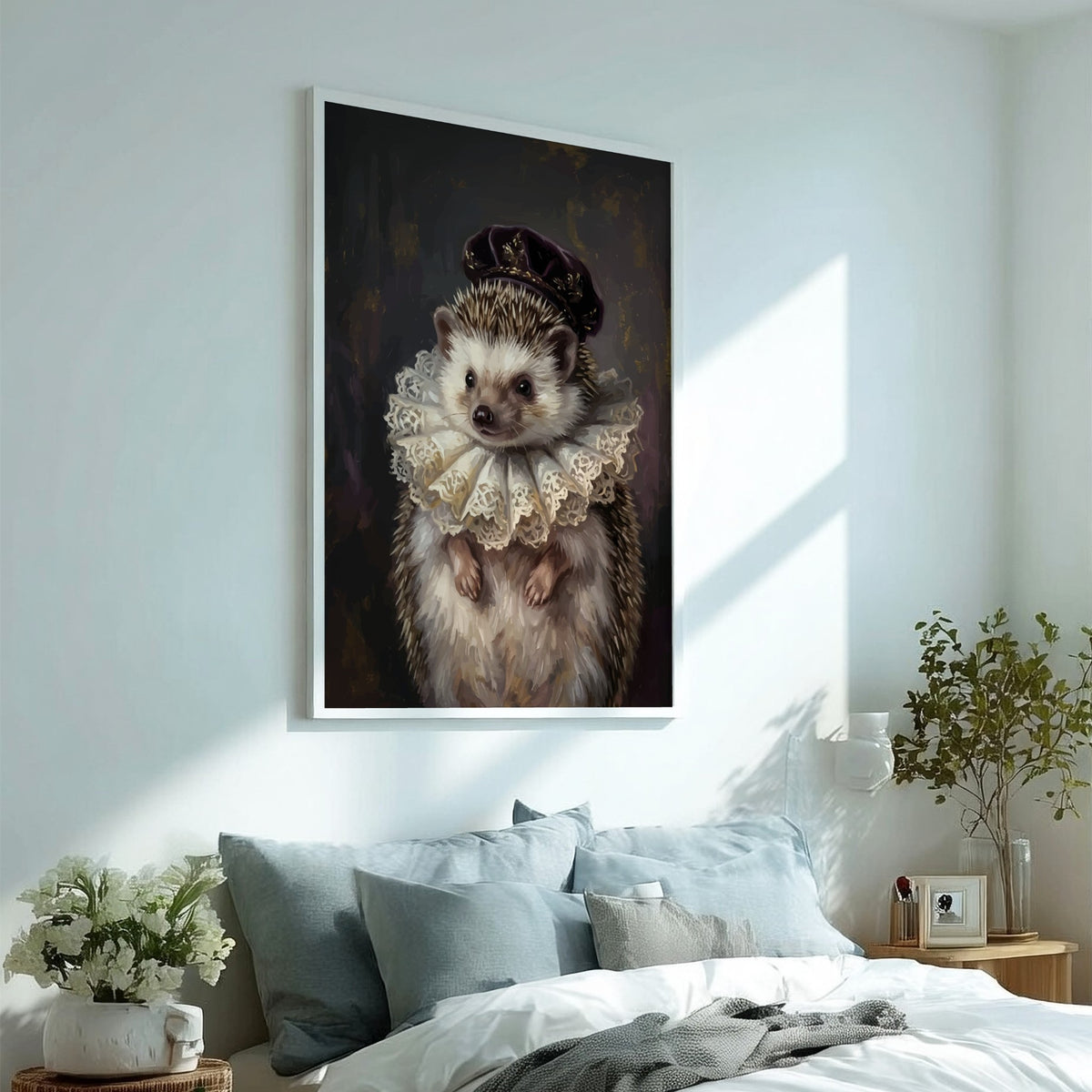 Poster of a hedgehog wearing a dark velvet bonnet and intricate white lace collar