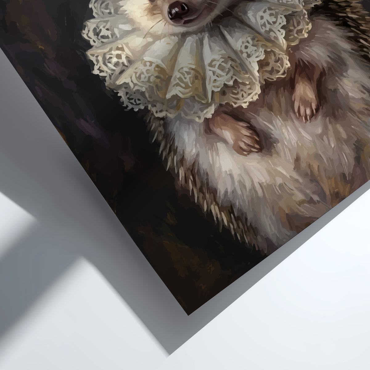 Poster of a hedgehog wearing a dark velvet bonnet and intricate white lace collar