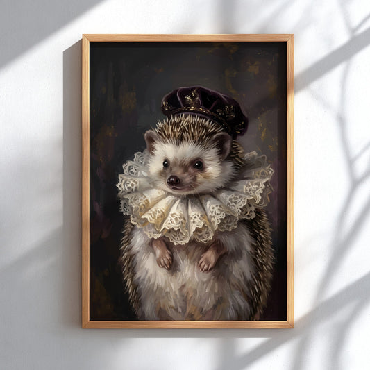 Poster of a hedgehog wearing a dark velvet bonnet and intricate white lace collar