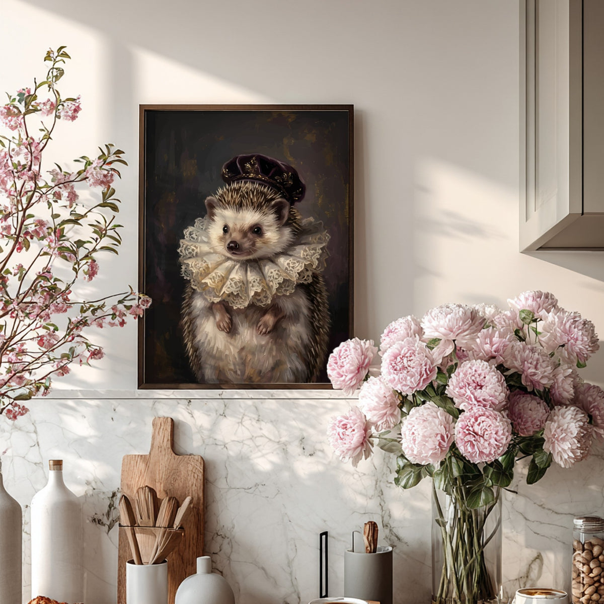 Poster of a hedgehog wearing a dark velvet bonnet and intricate white lace collar