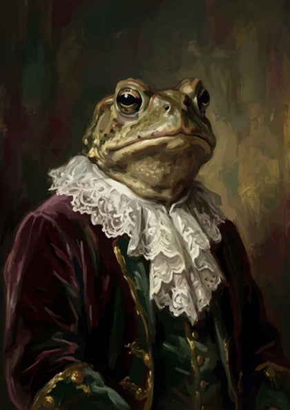 Poster featuring an aristocratic frog wearing a plum jacket and lace ruff, dark aesthetic.