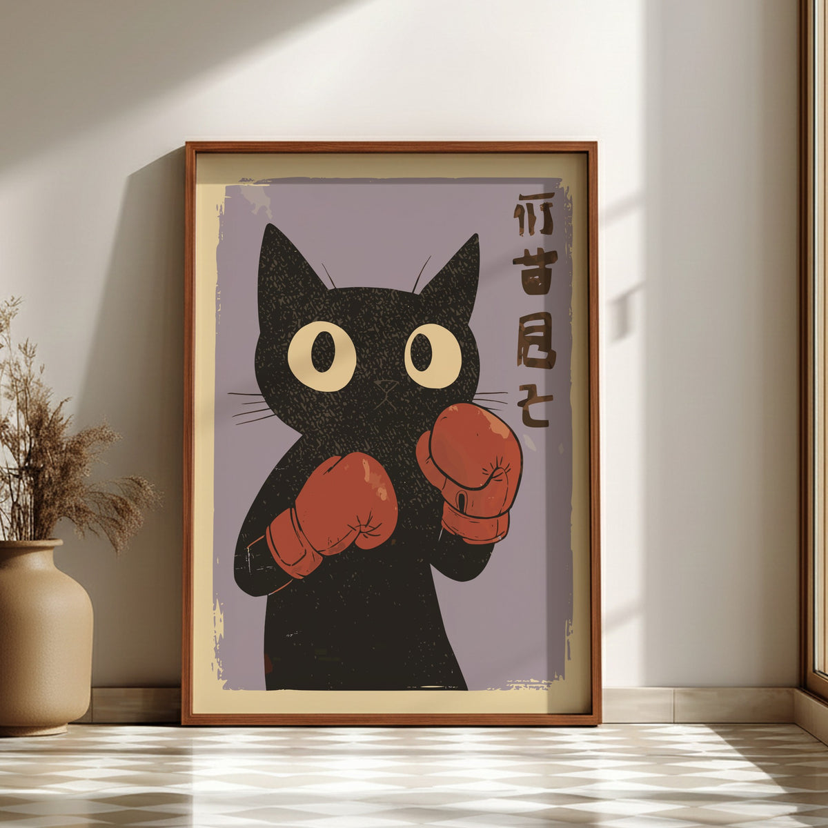 Black Cat Boxing Gloves Poster – Funny Retro Japanese Gym Art Print