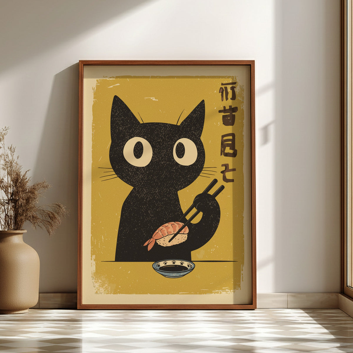 Black Cat Eating Sushi Poster – Retro Japanese Food Kitchen Art Print