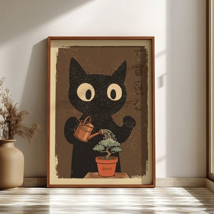 Black Cat Watering Bonsai Poster – Retro Japanese Zen Plant Art Print