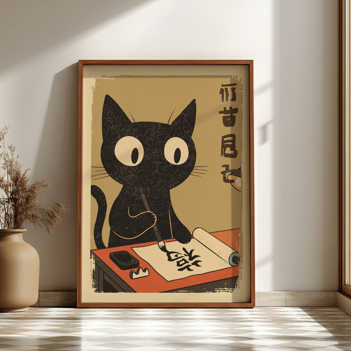 Black Cat Writing Poster – Funny Retro Japanese Home Office Art Print