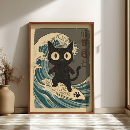 Black Cat Surfing Poster – Funny Retro Japanese Surf Wall Art Print