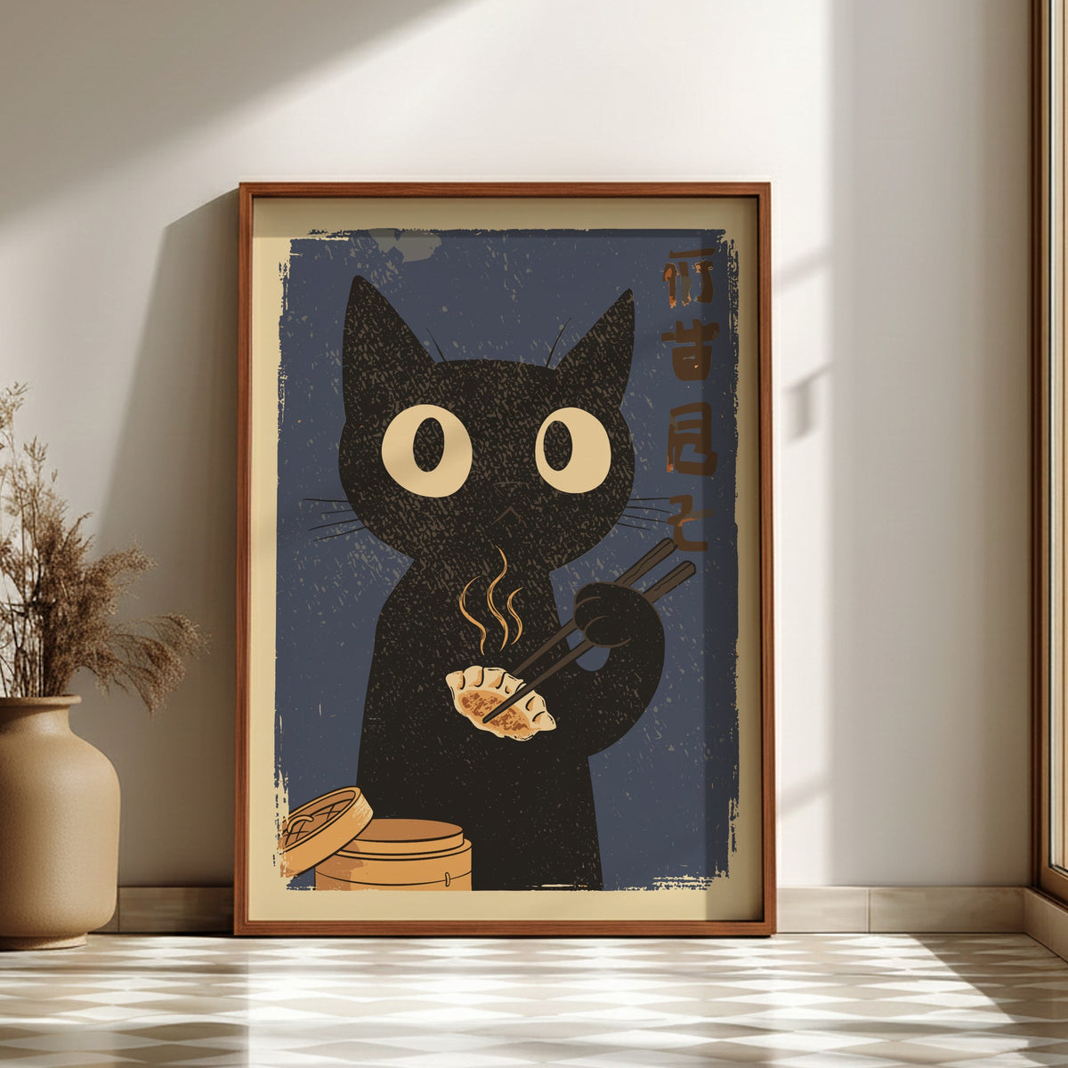 Black Cat Eating Dumplings Poster – Retro Japanese Kitchen Art Print