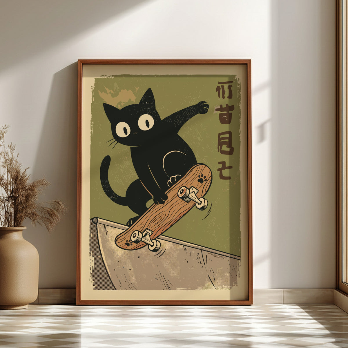Black Cat Skateboarding Poster – Funny Retro Japanese Skater Art Print