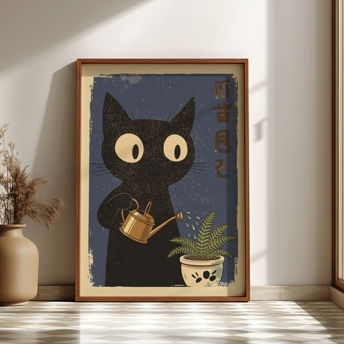 Black Cat Watering Plant Poster – Retro Japanese Gardener Art Print