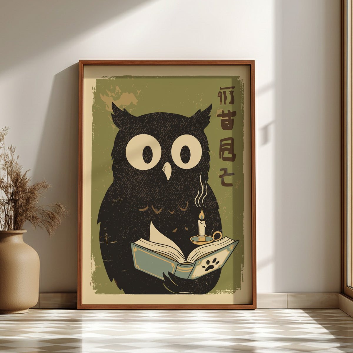 Owl Reading Poster – Cute Retro Japanese Book Lover Art Print
