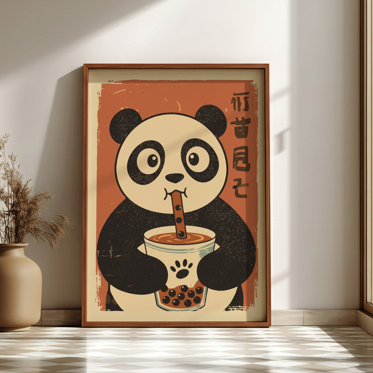 Panda Drinking Bubble Tea Poster – Cute Retro Kawaii Boba Art Print