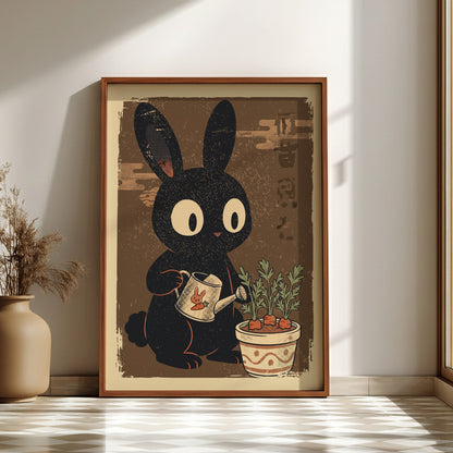 Black Rabbit Watering Carrot Plants Poster – Retro Garden Art Print