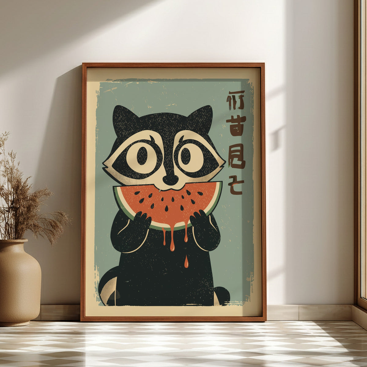 Raccoon Eating Watermelon Poster – Funny Retro Summer Fruit Art Print