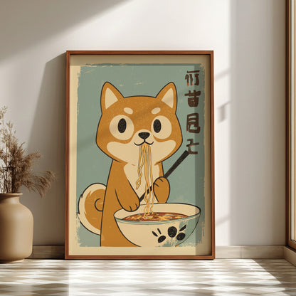 Shiba Inu Eating Ramen Poster – Funny Retro Japanese Kitchen Art Print