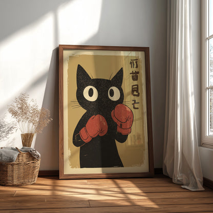 Black Cat Boxing Gloves Poster – Funny Retro Japanese Gym Art Print