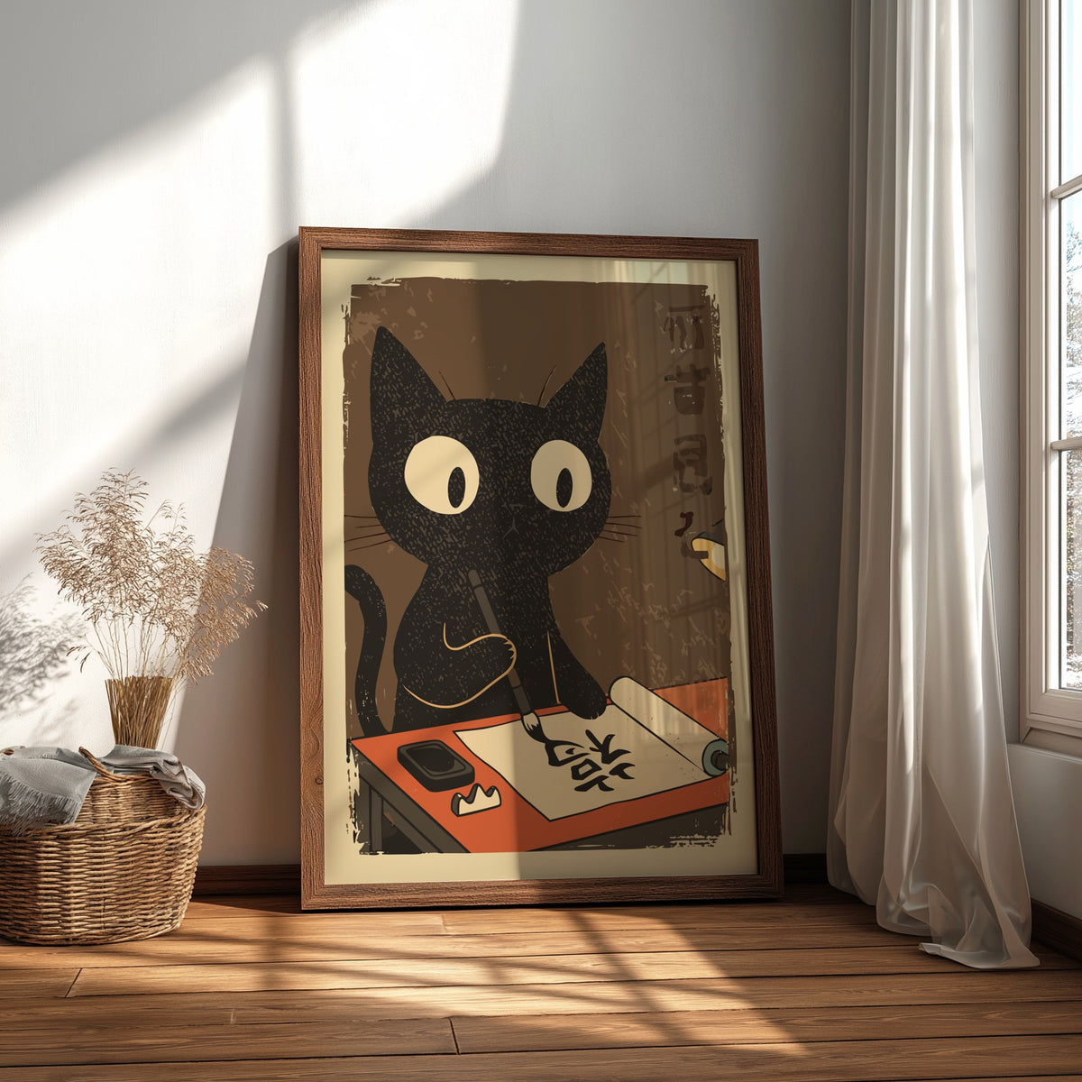Black Cat Writing Poster – Funny Retro Japanese Home Office Art Print