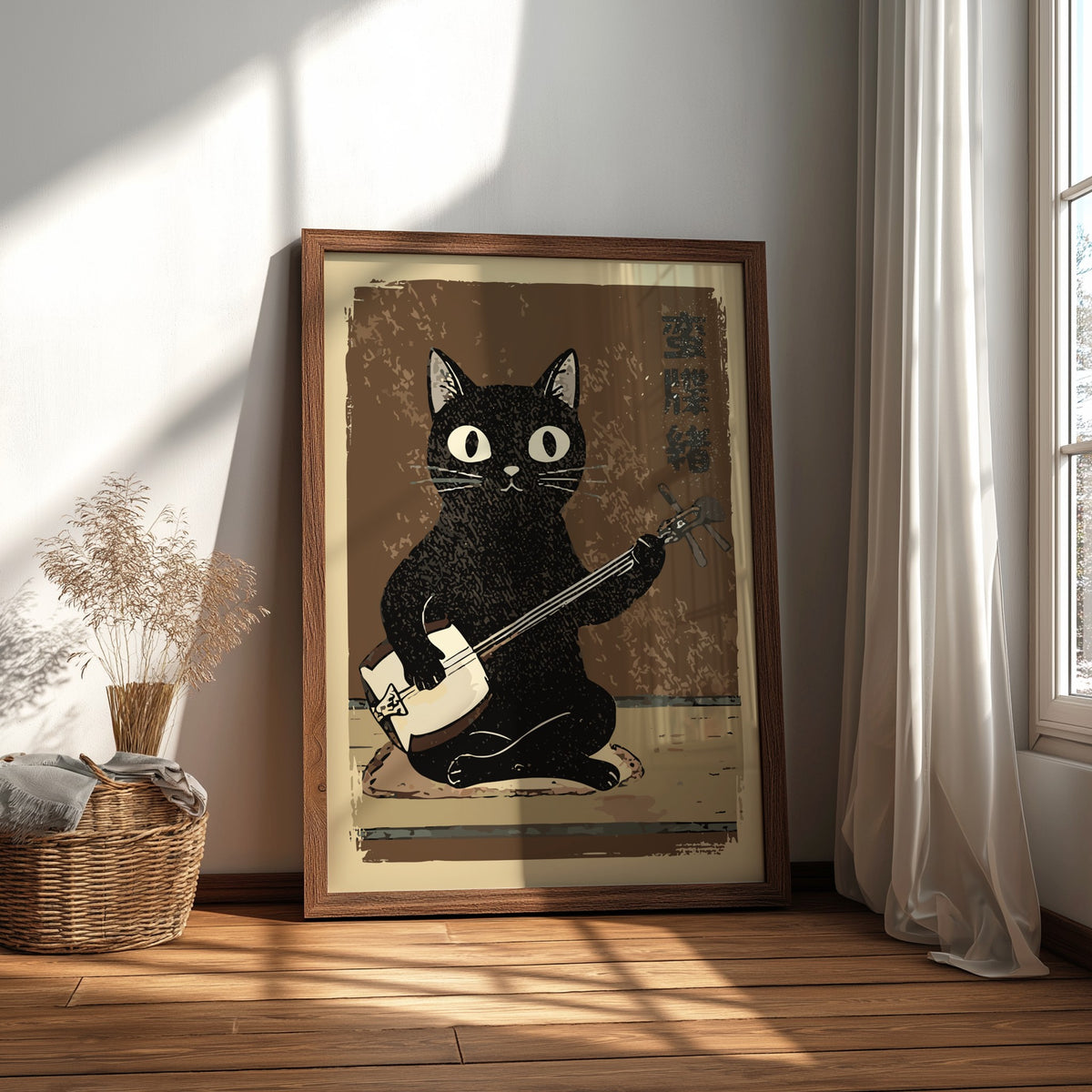 Black Cat Playing Shamisen Poster – Ukiyo-e Japanese Art Print
